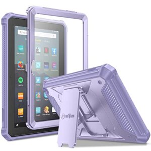 fintie shockproof case for all-new fire 7 tablet (12th generation, 2022 release), [tuatara] rugged unibody hybrid bumper kickstand cover with built-in screen protector, lilac purple