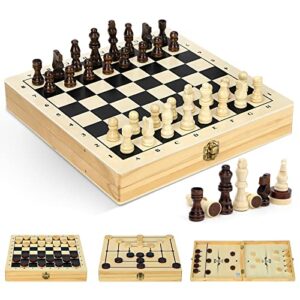 BremToy 4 in 1 Chess Sets-Wooden Chess & Checkers Set, Sling Puck and Nine Men's Morris Board Games for Kids Adult, Foldable & Portable Chess Board Set for Travel (12x12inch)