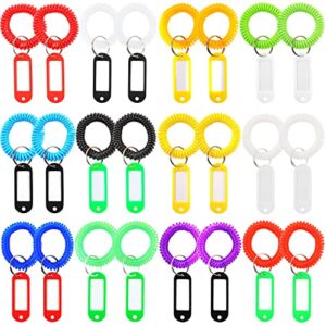 h&w 24pcs plastic stretchable spring coil key chain-spiral & 24pcs key tags, coil wrist keychain for gym pool id badge sauna outdoor activities with tags split ring label