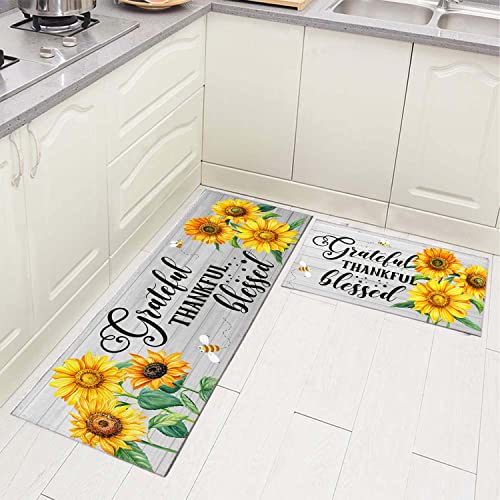 PRUKIVRA Kitchen Rugs and Mats,Non Skid Washable,Sunflower on Light Wood,Set of 2,Anti-Fatigue Comfort Standing Mat for Floor, Office, Sink, Laundry(17"x60"+17"x30")