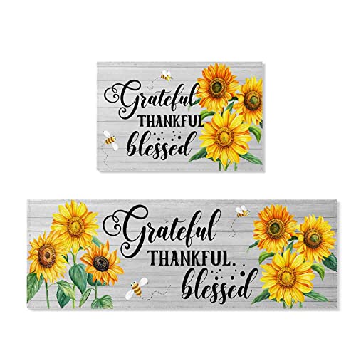 PRUKIVRA Kitchen Rugs and Mats,Non Skid Washable,Sunflower on Light Wood,Set of 2,Anti-Fatigue Comfort Standing Mat for Floor, Office, Sink, Laundry(17"x60"+17"x30")