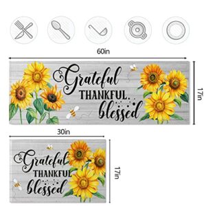 PRUKIVRA Kitchen Rugs and Mats,Non Skid Washable,Sunflower on Light Wood,Set of 2,Anti-Fatigue Comfort Standing Mat for Floor, Office, Sink, Laundry(17"x60"+17"x30")