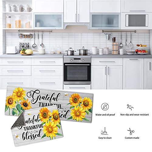 PRUKIVRA Kitchen Rugs and Mats,Non Skid Washable,Sunflower on Light Wood,Set of 2,Anti-Fatigue Comfort Standing Mat for Floor, Office, Sink, Laundry(17"x60"+17"x30")