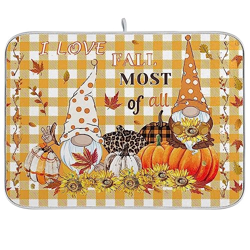 Kcldeci Autumn Fall Gnome Dish Drying Mat Kitchen Drying Pad Sunflower Pumpkin Dish Draining Mat Dish Rack Drainer Pad 16 x 18