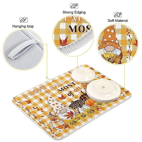 Kcldeci Autumn Fall Gnome Dish Drying Mat Kitchen Drying Pad Sunflower Pumpkin Dish Draining Mat Dish Rack Drainer Pad 16 x 18