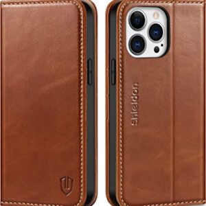 SHIELDON Case for iPhone 13 Pro Max 5G, Genuine Leather Folio Wallet Magnetic Shock Absorbing Case RFID Blocking Credit Card Holder Kickstand Compatible with iPhone 13 Pro Max 6.7" - Retro Brown