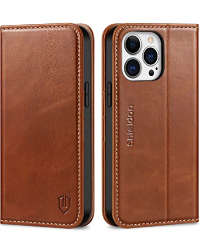 SHIELDON Case for iPhone 13 Pro Max 5G, Genuine Leather Folio Wallet Magnetic Shock Absorbing Case RFID Blocking Credit Card Holder Kickstand Compatible with iPhone 13 Pro Max 6.7" - Retro Brown