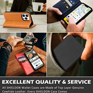 SHIELDON Case for iPhone 13 Pro Max 5G, Genuine Leather Folio Wallet Magnetic Shock Absorbing Case RFID Blocking Credit Card Holder Kickstand Compatible with iPhone 13 Pro Max 6.7" - Retro Brown