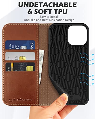 SHIELDON Case for iPhone 13 Pro Max 5G, Genuine Leather Folio Wallet Magnetic Shock Absorbing Case RFID Blocking Credit Card Holder Kickstand Compatible with iPhone 13 Pro Max 6.7" - Retro Brown