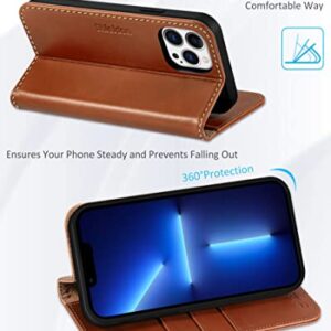 SHIELDON Case for iPhone 13 Pro Max 5G, Genuine Leather Folio Wallet Magnetic Shock Absorbing Case RFID Blocking Credit Card Holder Kickstand Compatible with iPhone 13 Pro Max 6.7" - Retro Brown