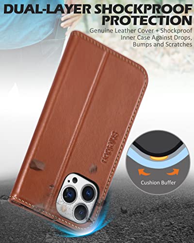 SHIELDON Case for iPhone 13 Pro Max 5G, Genuine Leather Folio Wallet Magnetic Shock Absorbing Case RFID Blocking Credit Card Holder Kickstand Compatible with iPhone 13 Pro Max 6.7" - Retro Brown