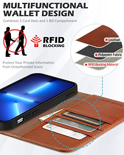 SHIELDON Case for iPhone 13 Pro Max 5G, Genuine Leather Folio Wallet Magnetic Shock Absorbing Case RFID Blocking Credit Card Holder Kickstand Compatible with iPhone 13 Pro Max 6.7" - Retro Brown