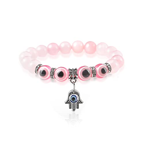 Caiyao Evil Eye Bead Bracelet Hamsa Hand Fatima Beaded Charm Bracelets Blue Eye Stretch Amulet Bracelets Turkish Evil Eye Good Luck Protection Bracelet Colorful Stretch Kabbalah Jewelry/half pink