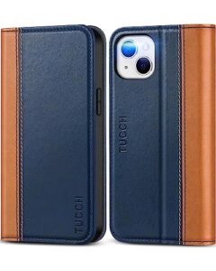 tucch case for iphone 13 wallet case 5g, [card holder] slots folio pu leather cover, kickstand flip case with [tpu shockproof interior case] compatible with iphone 13 6.1-inch 2021, brown & dark blue