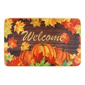 pumpkin welcome mat for indoor/outdoor bedroom kitchen, autumn maple leaves welcome doormats thanksgiving entrance, low-profile floor mat for fall, 17 x 29 inch