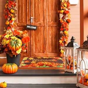 Pumpkin Welcome Mat for Indoor/Outdoor Bedroom Kitchen, Autumn Maple Leaves Welcome Doormats Thanksgiving Entrance, Low-Profile Floor Mat for Fall, 17 x 29 Inch