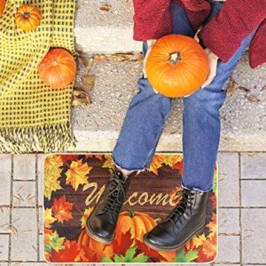 Pumpkin Welcome Mat for Indoor/Outdoor Bedroom Kitchen, Autumn Maple Leaves Welcome Doormats Thanksgiving Entrance, Low-Profile Floor Mat for Fall, 17 x 29 Inch