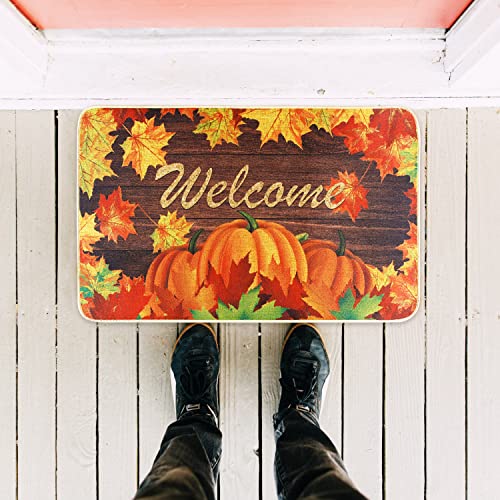 Pumpkin Welcome Mat for Indoor/Outdoor Bedroom Kitchen, Autumn Maple Leaves Welcome Doormats Thanksgiving Entrance, Low-Profile Floor Mat for Fall, 17 x 29 Inch