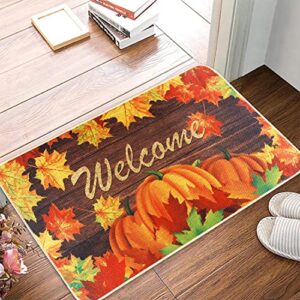 Pumpkin Welcome Mat for Indoor/Outdoor Bedroom Kitchen, Autumn Maple Leaves Welcome Doormats Thanksgiving Entrance, Low-Profile Floor Mat for Fall, 17 x 29 Inch