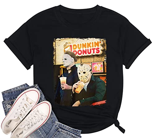 Horror Movies Tshirt Women Michael Myers Jason Scary Killers Shirt Novelty Graphic Halloween Party Tee Tops (XXL, Black)