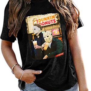 Horror Movies Tshirt Women Michael Myers Jason Scary Killers Shirt Novelty Graphic Halloween Party Tee Tops (XXL, Black)