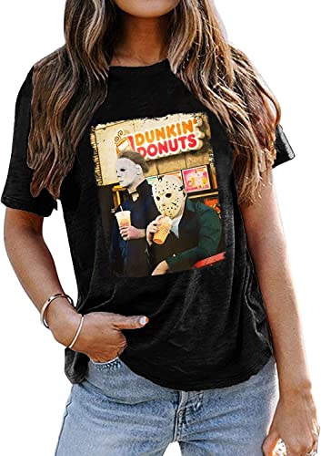 Horror Movies Tshirt Women Michael Myers Jason Scary Killers Shirt Novelty Graphic Halloween Party Tee Tops (XXL, Black)