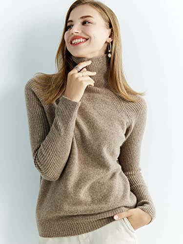 LINY XIN Turtleneck Sweater Women Fall Winter Sweater Long Sleeve Warm 100% Merino Wool Knit Pullover Sweater Tops (Tan,M)