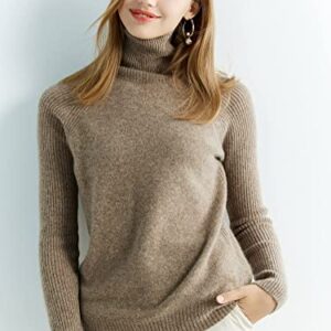 LINY XIN Turtleneck Sweater Women Fall Winter Sweater Long Sleeve Warm 100% Merino Wool Knit Pullover Sweater Tops (Tan,M)