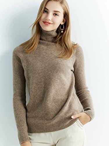 LINY XIN Turtleneck Sweater Women Fall Winter Sweater Long Sleeve Warm 100% Merino Wool Knit Pullover Sweater Tops (Tan,M)