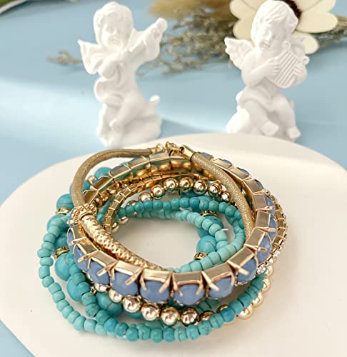 WAINIS 6 Sets Bohemian Stackable Bead Bracelets for Women Multicolor Stretch Beaded Bracelets Layered Bead Adjustable Bracelet Turquoise Stretch Bracelets A