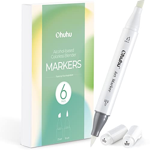 Ohuhu Alcohol Colorless Blenders - Pack of 6 Alcohol Based Ink No.0 Clear Blender Brush of Ohuhu Markers for Adding Highlights Textures - Erasing Mistakes - Works Well with All Alcohol Markers