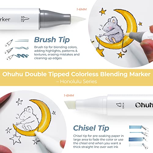 Ohuhu Alcohol Colorless Blenders - Pack of 6 Alcohol Based Ink No.0 Clear Blender Brush of Ohuhu Markers for Adding Highlights Textures - Erasing Mistakes - Works Well with All Alcohol Markers