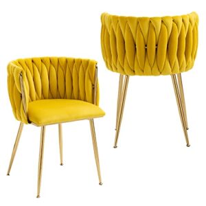 nioiikit modern velvet dining chairs set of 2 hand weaving accent chairs living room chairs upholstered side chair with golden metal legs for dining room kitchen vanity living room (mustard)