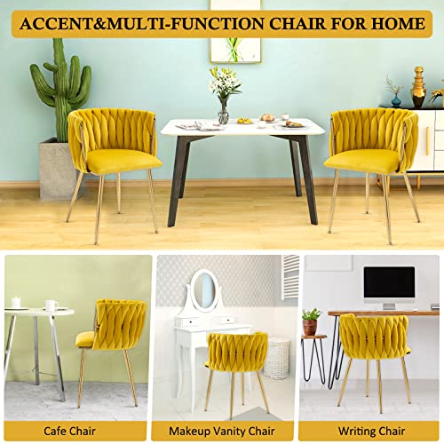 NIOIIKIT Modern Velvet Dining Chairs Set of 2 Hand Weaving Accent Chairs Living Room Chairs Upholstered Side Chair with Golden Metal Legs for Dining Room Kitchen Vanity Living Room (Mustard)