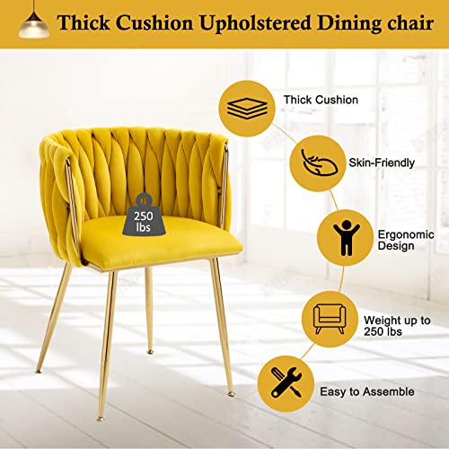NIOIIKIT Modern Velvet Dining Chairs Set of 2 Hand Weaving Accent Chairs Living Room Chairs Upholstered Side Chair with Golden Metal Legs for Dining Room Kitchen Vanity Living Room (Mustard)