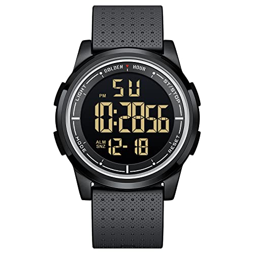 GOLDEN HOUR Ultra-Thin Minimalist Sports Waterproof Digital Watches Men with Wide-Angle Display Rubber Strap Wrist Watch for Men Women in Black