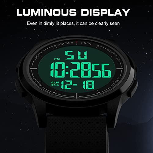 GOLDEN HOUR Ultra-Thin Minimalist Sports Waterproof Digital Watches Men with Wide-Angle Display Rubber Strap Wrist Watch for Men Women in Black