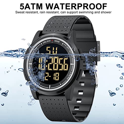 GOLDEN HOUR Ultra-Thin Minimalist Sports Waterproof Digital Watches Men with Wide-Angle Display Rubber Strap Wrist Watch for Men Women in Black