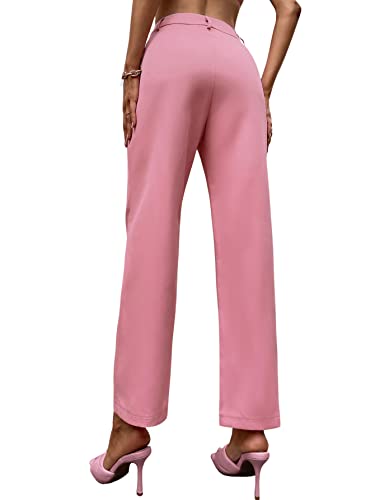 SweatyRocks Women's Slant Pocket High Waist Straight Leg Anti Wrinkle Pants Watermelon Pink S