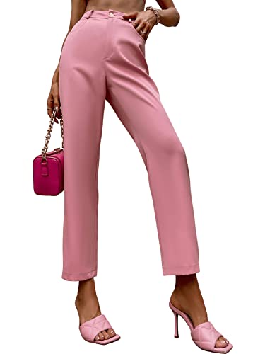 SweatyRocks Women's Slant Pocket High Waist Straight Leg Anti Wrinkle Pants Watermelon Pink S