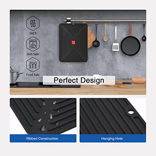 Hotder Dish Drying Mat 16 x12 Inches, Dish Mat for Kitchen Counter, Heat-resistant Silicone Mat, Easy Clean and Storage, Eco-friendly Mat for Sink, Refrigerator and Counter (Black)