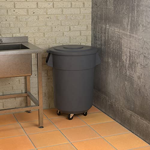 Krollen Industrial 55 Gallon Gray Round Commercial Trash Can with Lid and Dolly