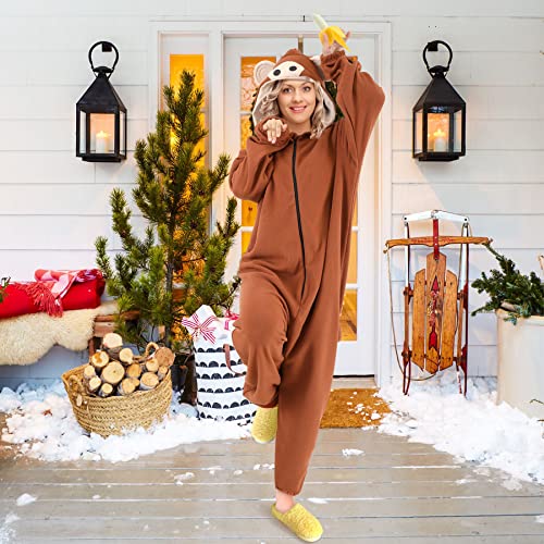 Tao-Ge Monkey Onesie Adult Men Women Monkey Costume Pajamas Animal Onesies Suit for Christmas with Funny Banana Accessories Brown