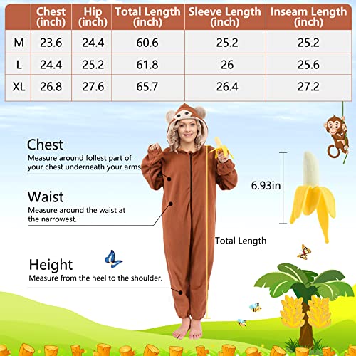 Tao-Ge Monkey Onesie Adult Men Women Monkey Costume Pajamas Animal Onesies Suit for Christmas with Funny Banana Accessories Brown