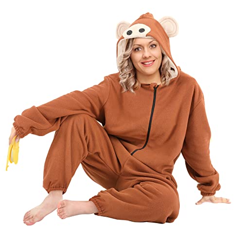 Tao-Ge Monkey Onesie Adult Men Women Monkey Costume Pajamas Animal Onesies Suit for Christmas with Funny Banana Accessories Brown