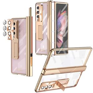 case for samsung galaxy z fold 3 5g 2021, plating crystal kickstand case with s pen, removable hinge protection holder and built-in camera lens protector and front screen protector