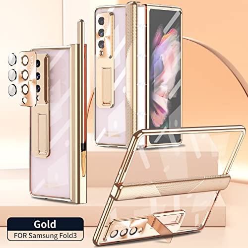 Case for Samsung Galaxy Z Fold 3 5G 2021, Plating Crystal Kickstand Case with S Pen, Removable Hinge Protection Holder and Built-in Camera Lens Protector and Front Screen Protector