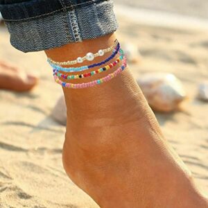 yfstyle 24PCS Boho Beaded Anklet for Women Elastic Anklets Colorful Beaded Ankle Bracelet Handmade Adjustable Elastic Anklets African Anklets Beach Bead Anklet Boho Style Bead Anklet for Girls-24