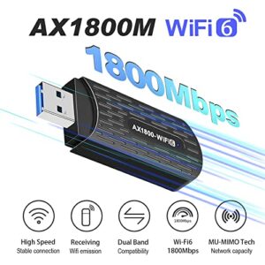 WiFi 6 Adapter,WiFi Dongle for Desktop PC,WiFi Dongle,USB WiFi 6E Adapter,AX1800Mbps,USB3.0 Dual Band 2.4GHz/574Mbps & 5GHz/1201Mbps High Speed,Support Win 10/11