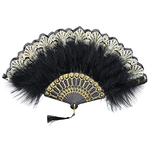 BABEYOND Marabou Feather Fan 20s Vintage Folding Fan Flapper Hand Fan for Costume Dancing